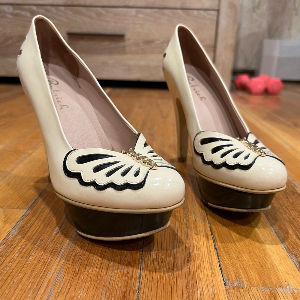 Cream and Black Platform Heels with Butterfly Accent - Butrich Peruvian designer